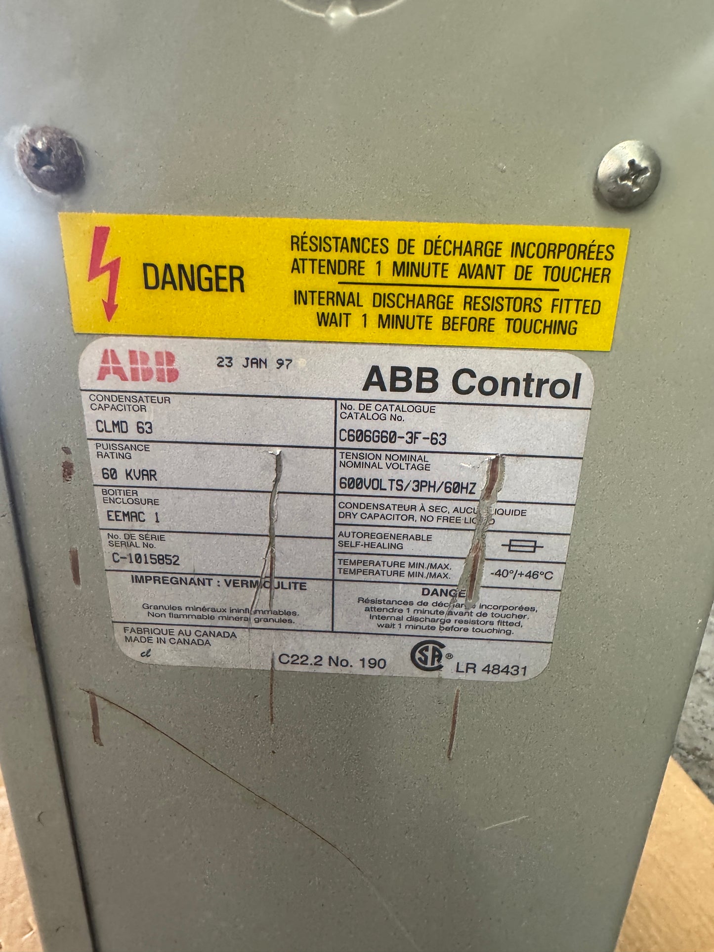 ABB C606G60-3F-63 Power Factor Correction Capacitor Untested Surplus