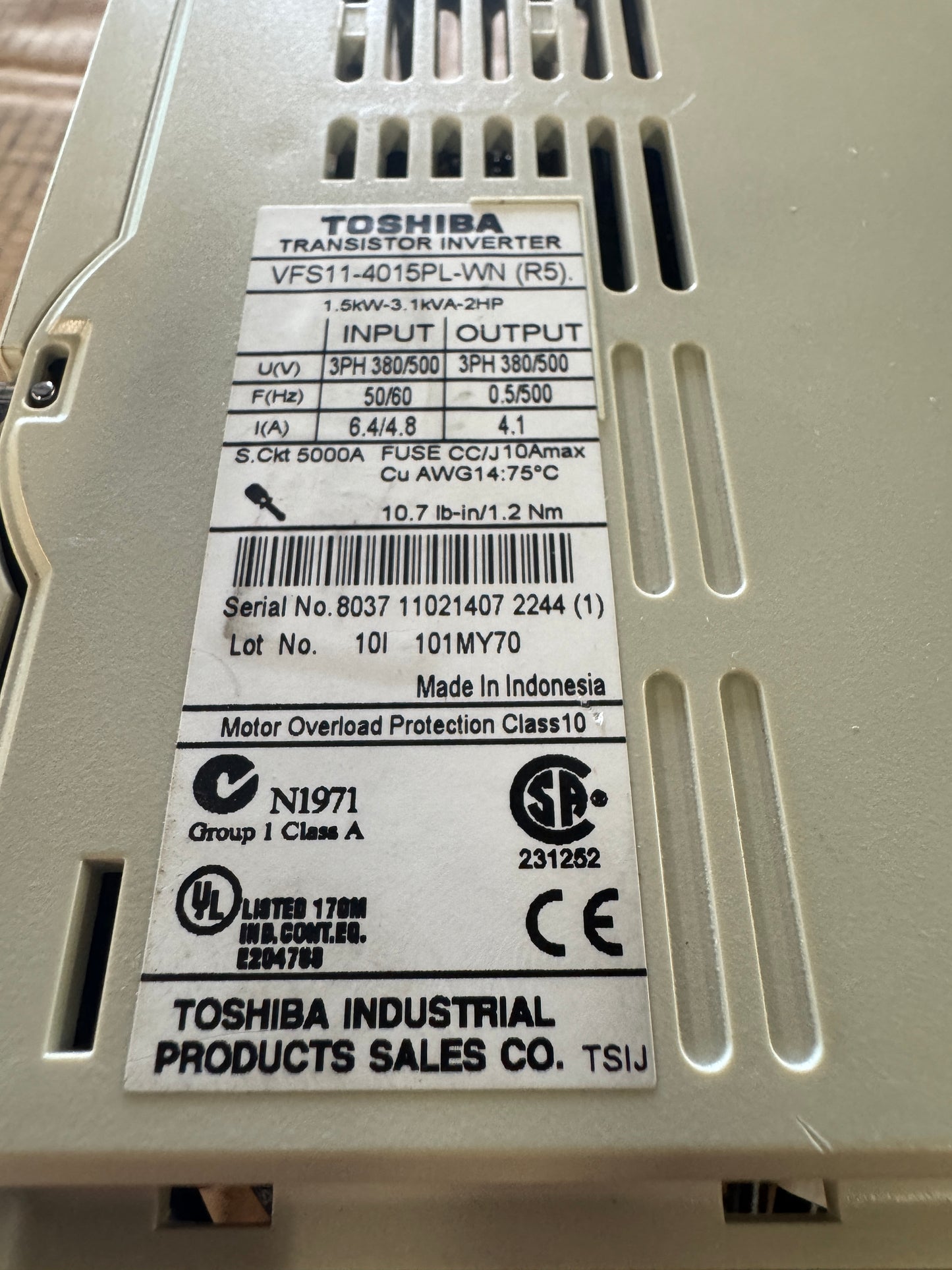Toshiba VFD VFS11-4015PL-WN - 2 HP Variable RPM 01646