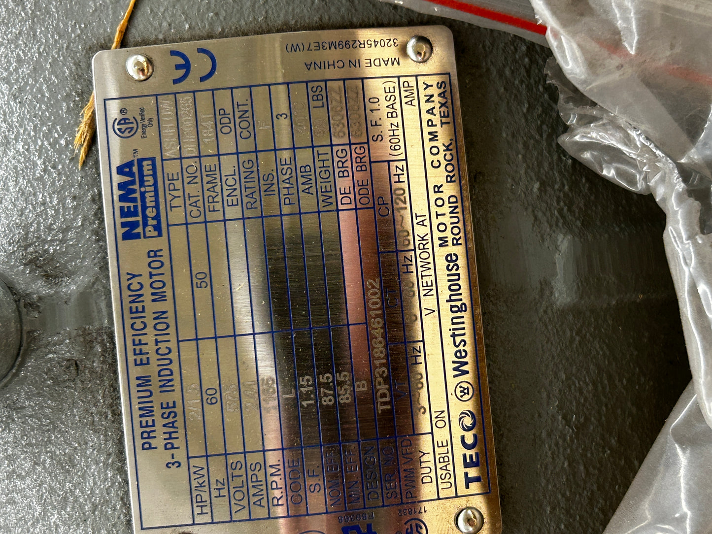 TECO Westinghouse 3 Phase Induction Motor DH1P0265 - 3 HP 1800 RPM