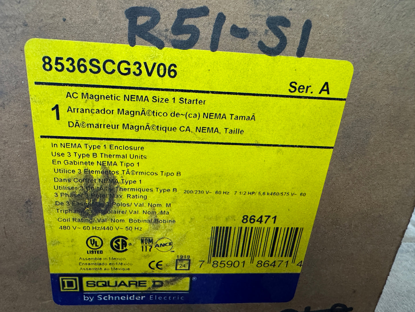 Square D NEMA Size 1 Motor Starter 8536SCG3V06