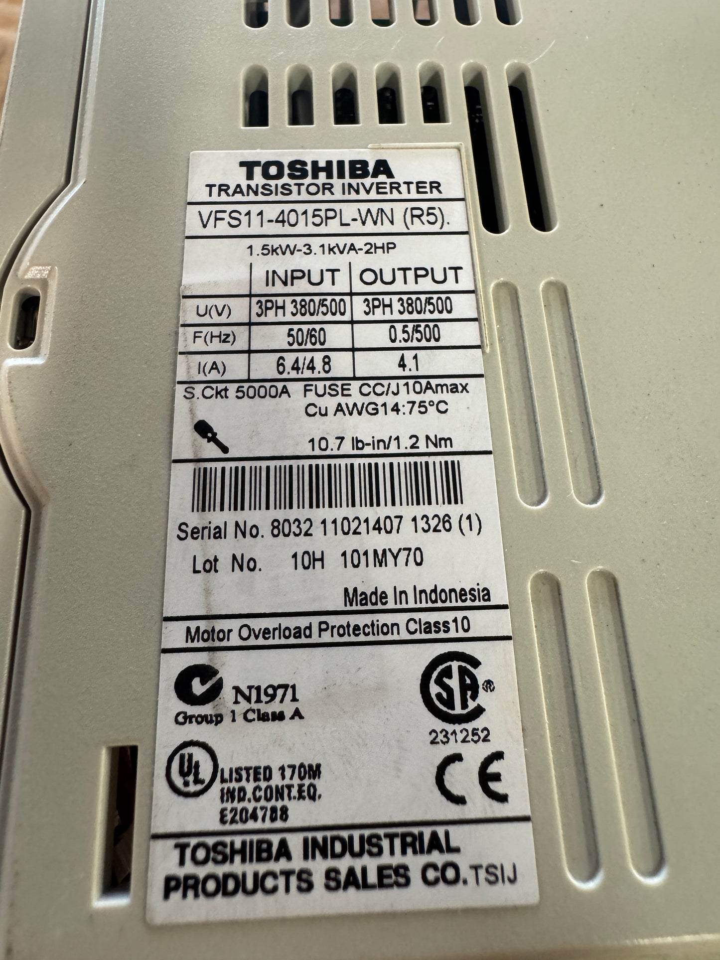 Toshiba VFD VFS11-4015PL-WN - 2 HP Variable RPM
