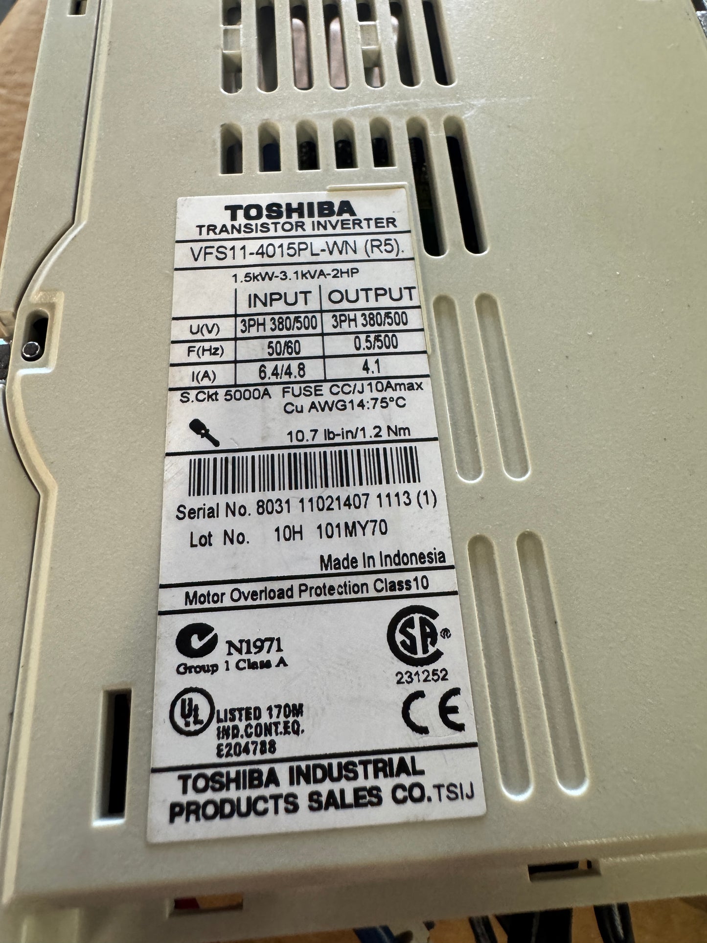 Toshiba VFD VFS11-4015PL-WN - 2 HP Variable RPM 01661