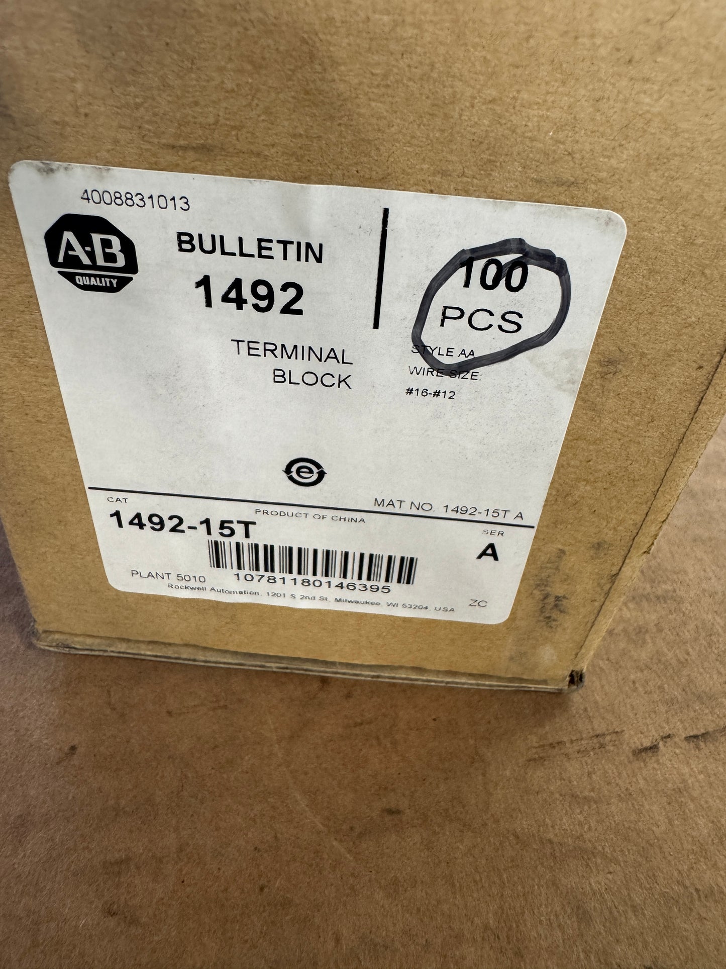 Allen-Bradley Terminal Block (Box of 100) 1492-15T 600V
