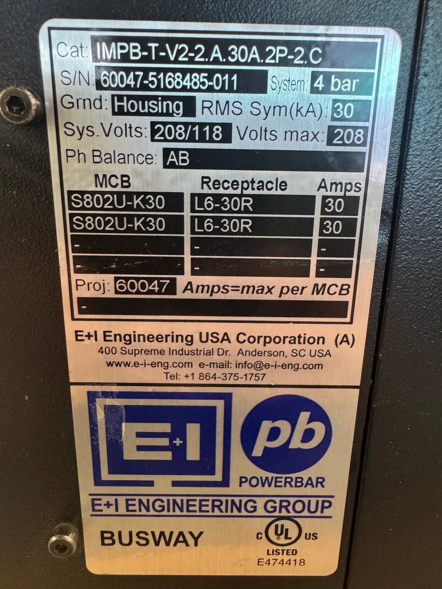 E+I Engineering IMPB-T-V2-2.A.30A.2P-2.C Busway Tap Off Unit 208/120V Untested Surplus 01749
