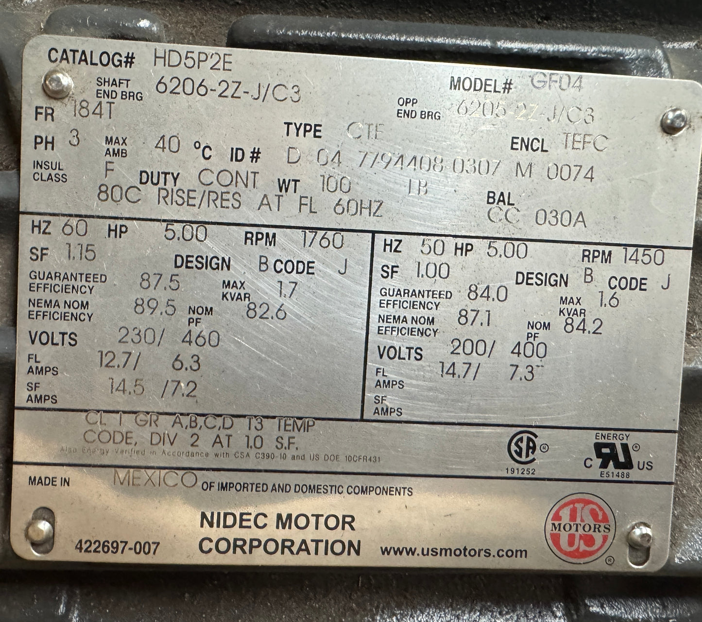 US Motors AC Motor HD5P2E - 5 HP 1800 RPM