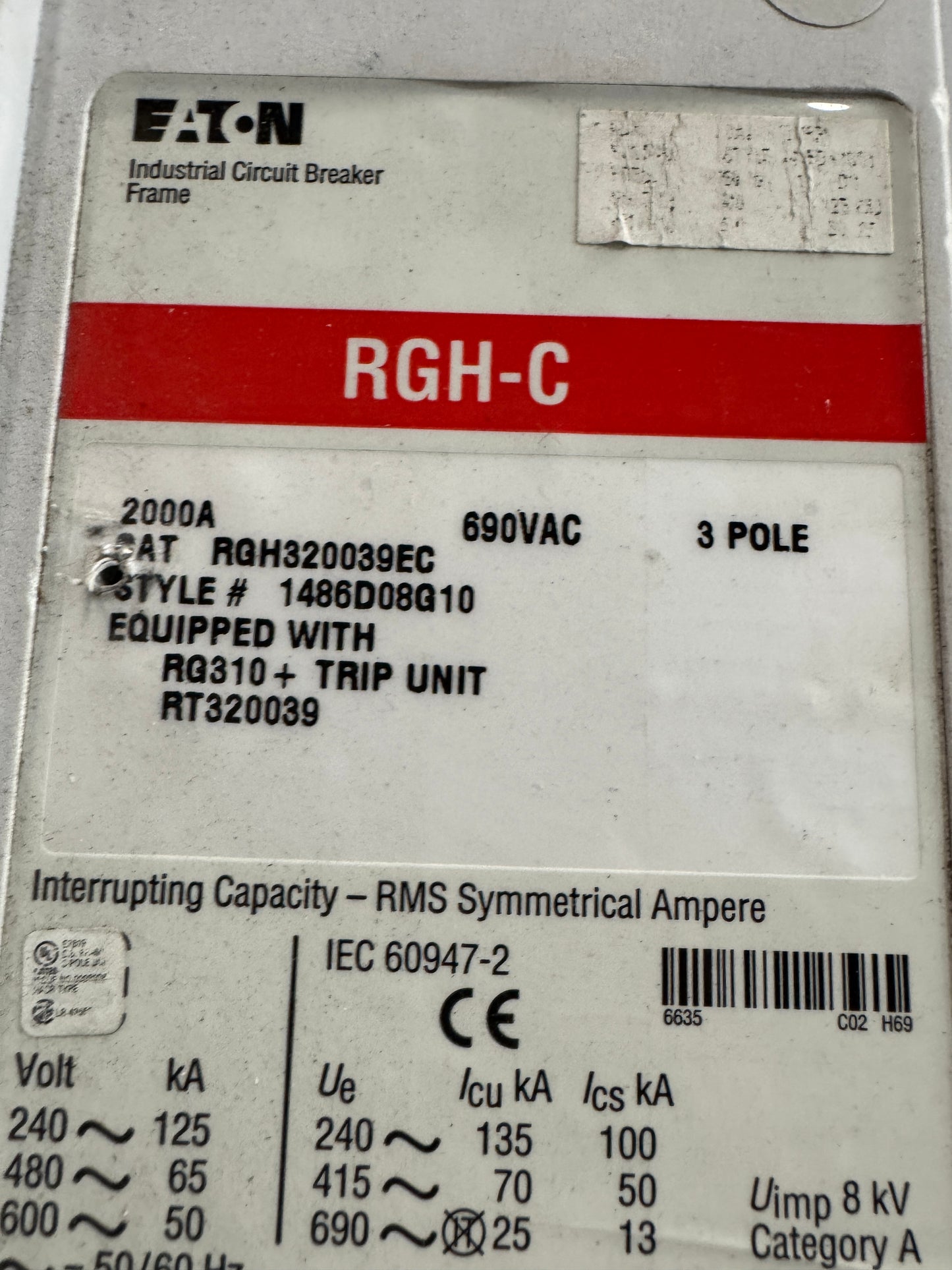 Eaton Molded Case Circuit Breaker RGH320039EC 600V AC