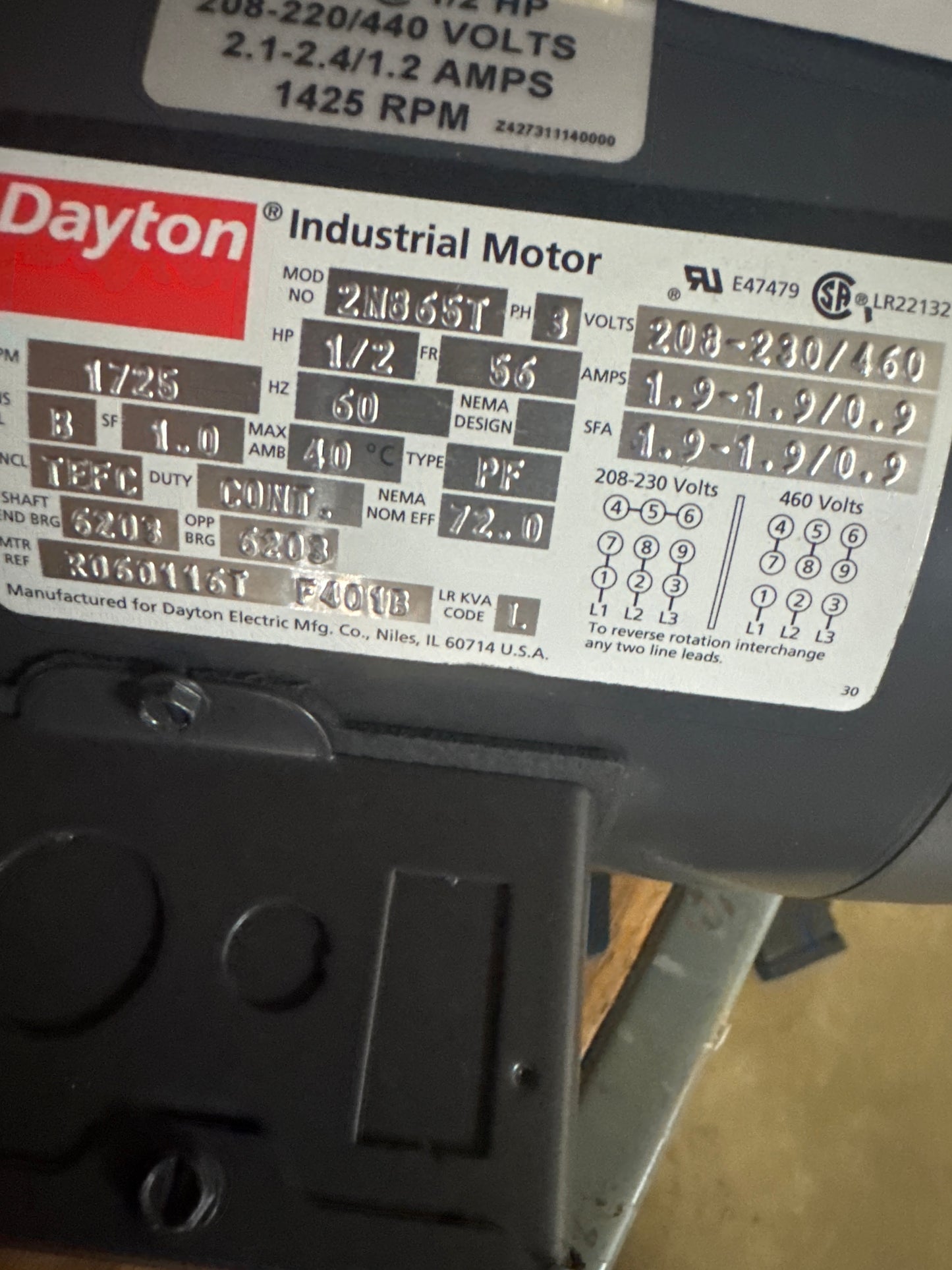 Dayton AC Motor 2N865T - 1 HP 1800 RPM m00411