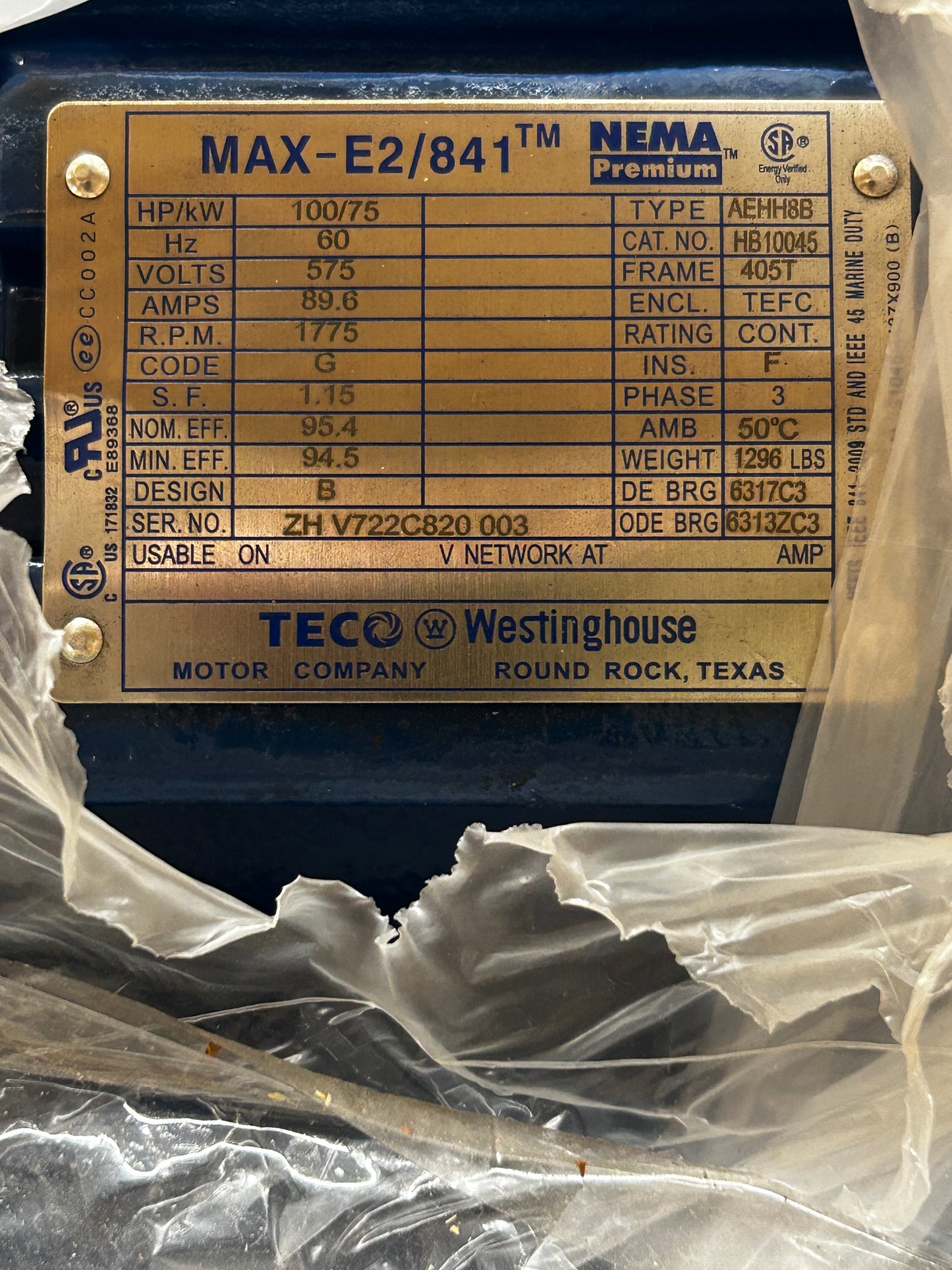 TECO Westinghouse AC Motor HB10045 - 100 HP 1800 RPM
