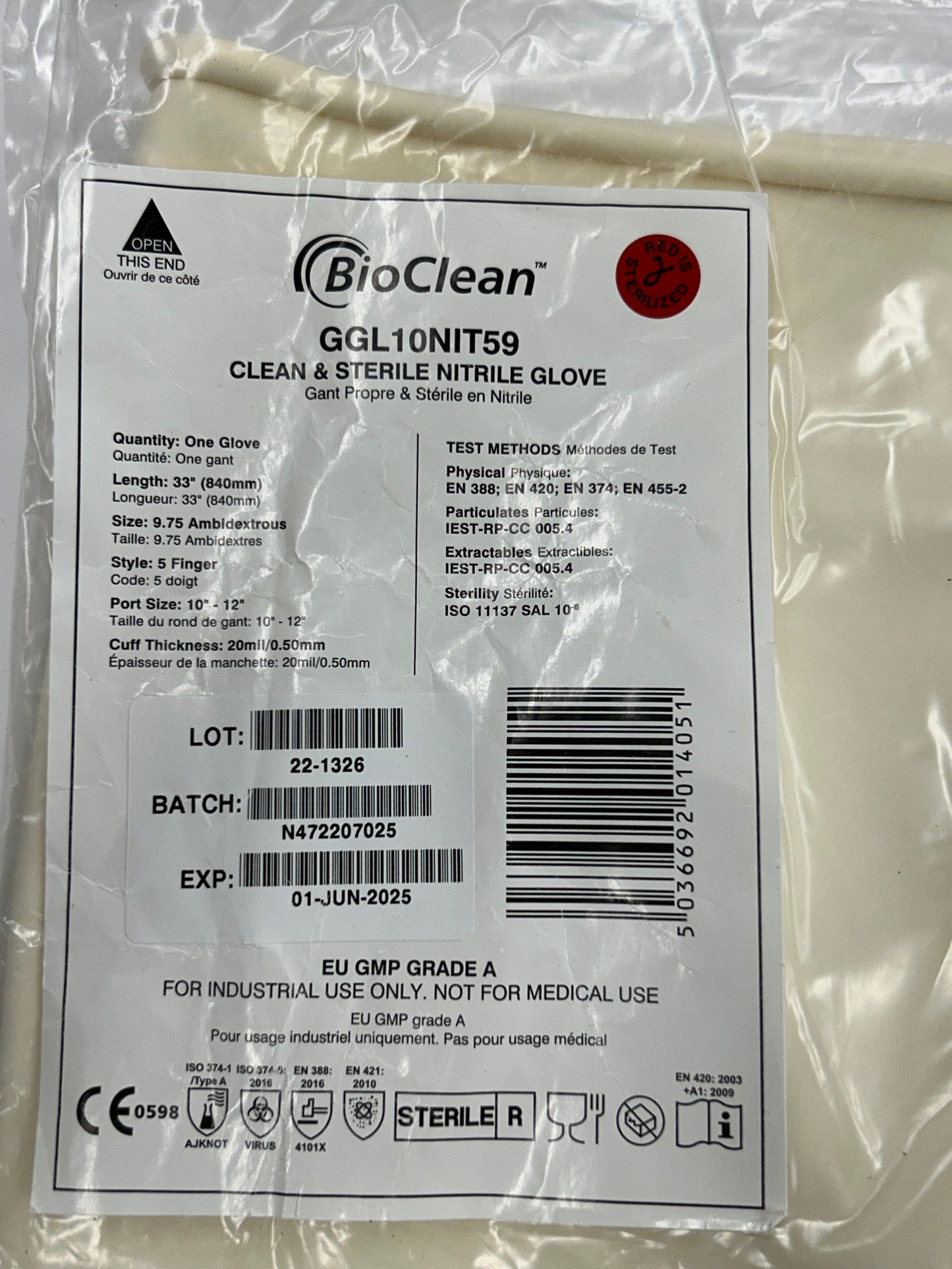 Ansell BioClean Sterile RABS Isolator Glove GGL10NIT59 9.75, 33 In., 10 In. Port Size