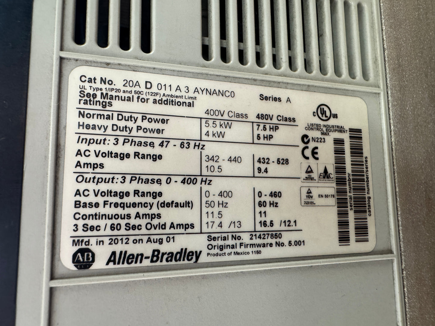 Allen-Bradley 20AD011A3AYNANC0 Variable Frequency Drive 480V AC 3-Phase Untested Surplus 01459