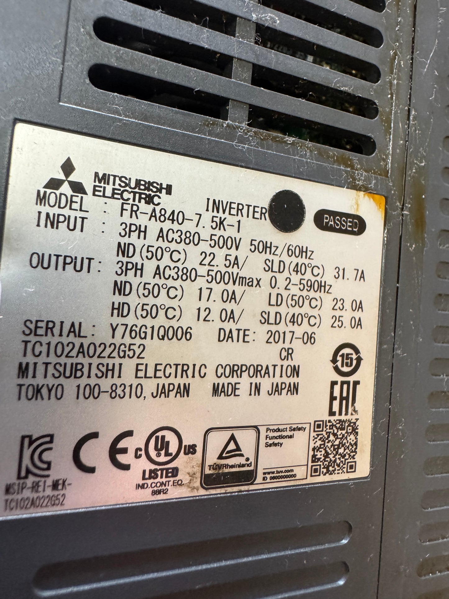 Mitsubishi Electric FR-A840-7.5K-1 Variable Frequency Drive Untested Surplus