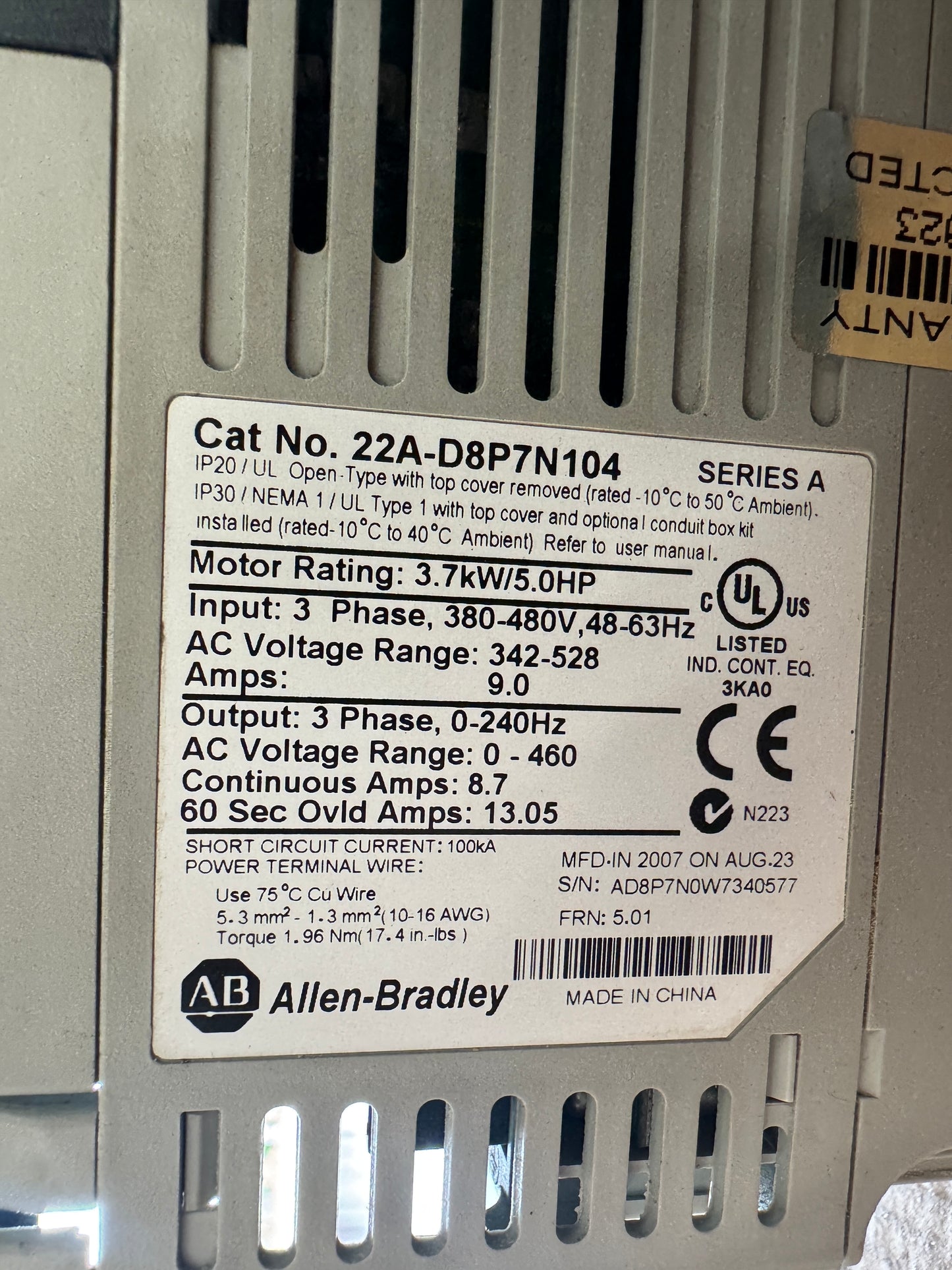 Allen-Bradley AC Drive 22A-D8P7N104 - 5 HP Variable RPM 01648