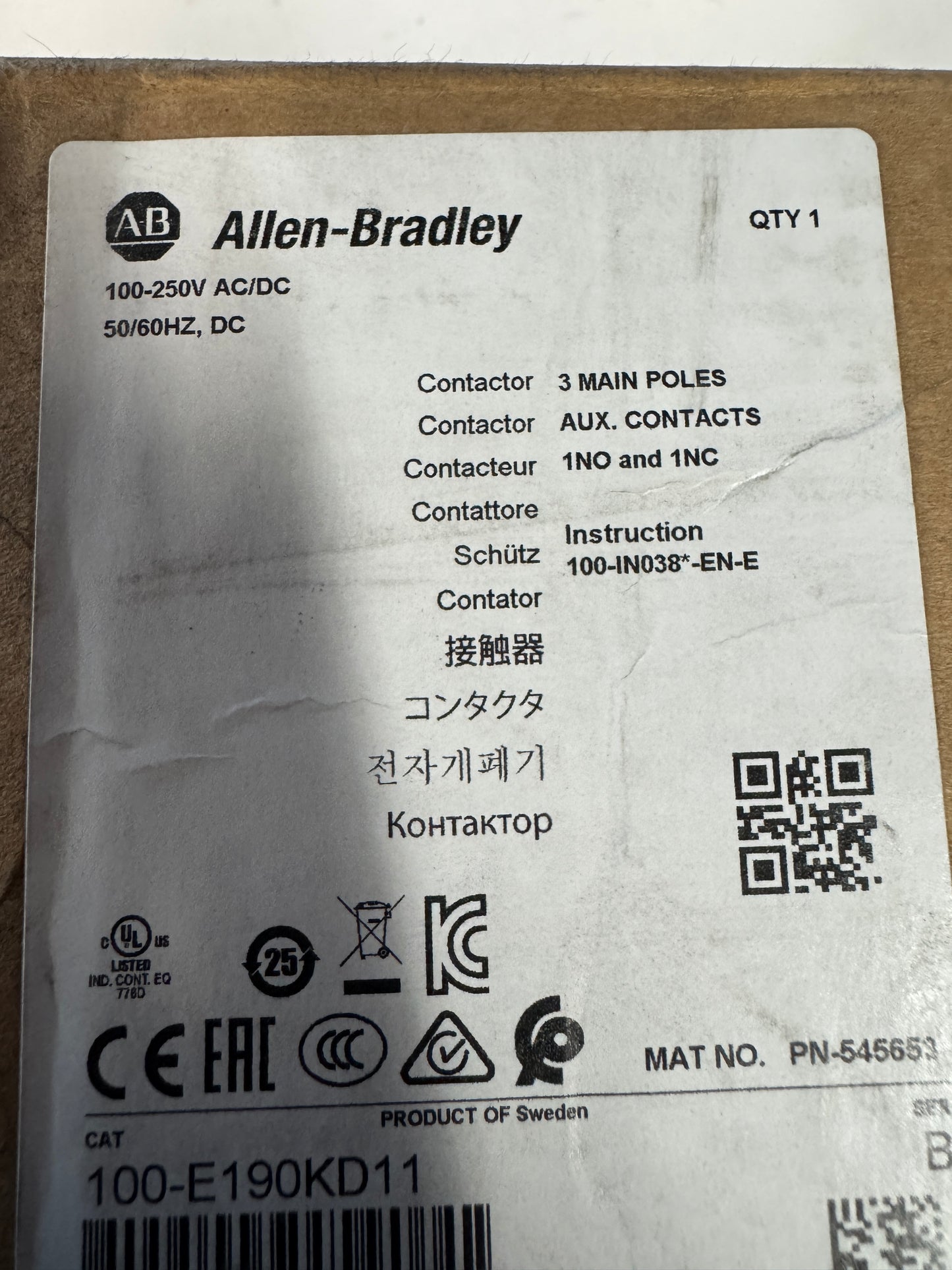 Allen-Bradley Contactor 100-E190KD11 100-250V AC/DC