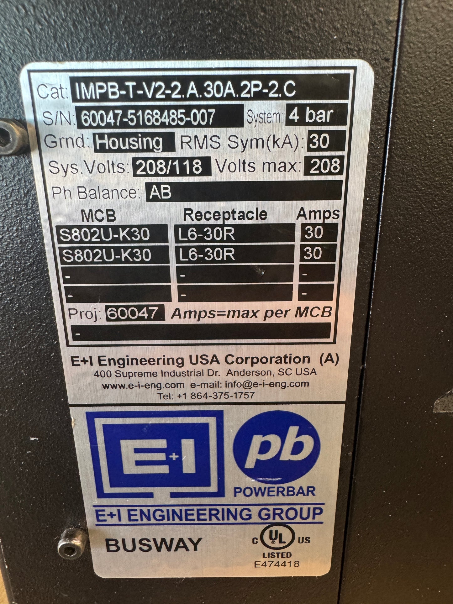 E+I Engineering IMPB-T-V2-2.A.30A.2P-2.C Busway Tap Off Unit 208/120V Untested Surplus