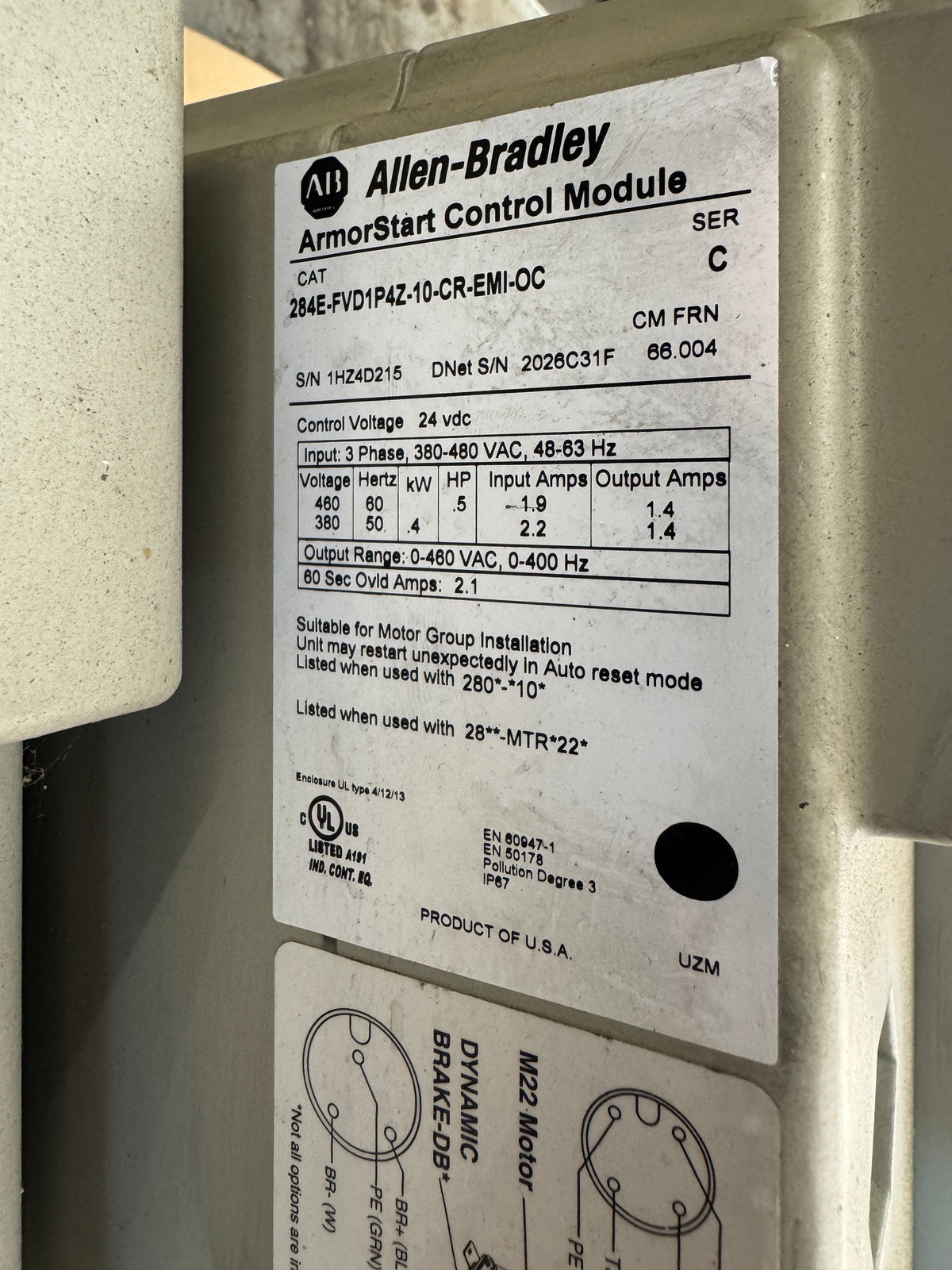 Allen-Bradley 284E-FVD1P4Z-10-CR-EMI-OC ArmorStart Distributed Motor Controller 380 to 480V AC