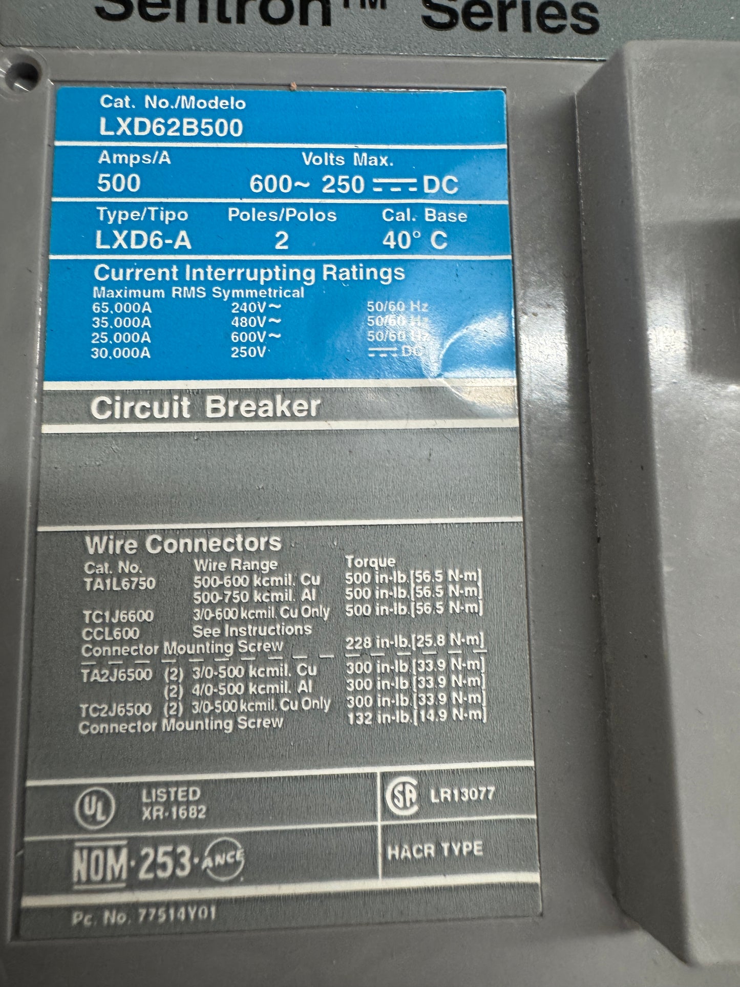 Siemens LXD62B500 Circuit Breaker 600V AC, 250V DC Appears Unused