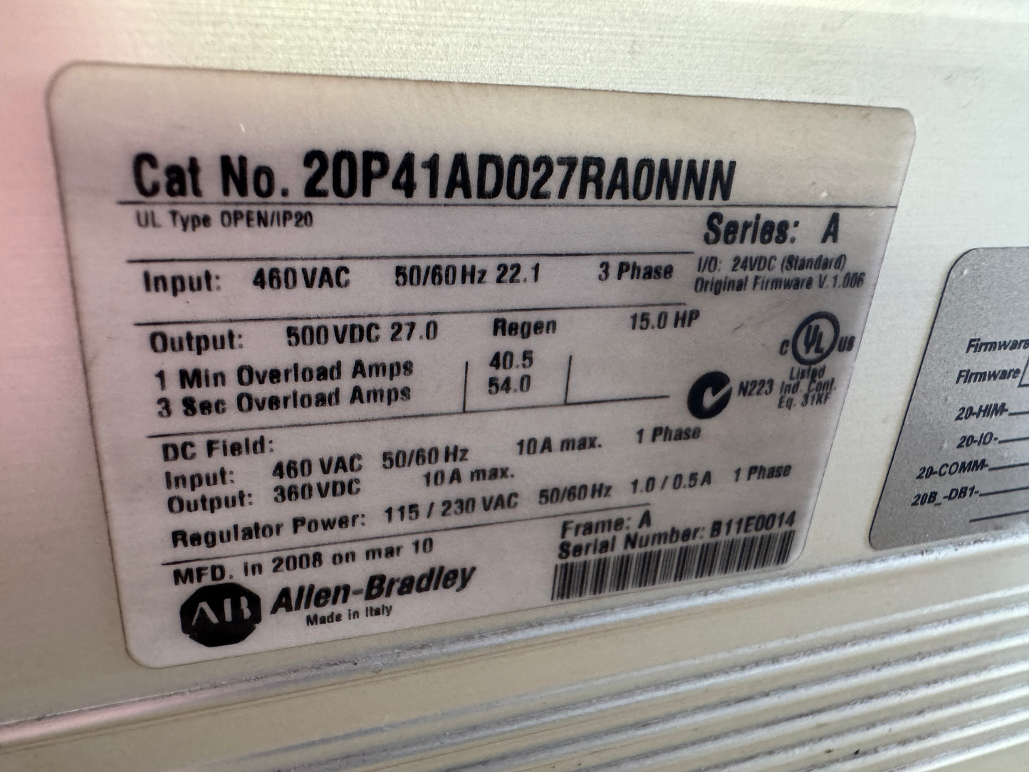 Allen-Bradley 20P41AD027RA0NNN DC Drive 460V AC Input 01562