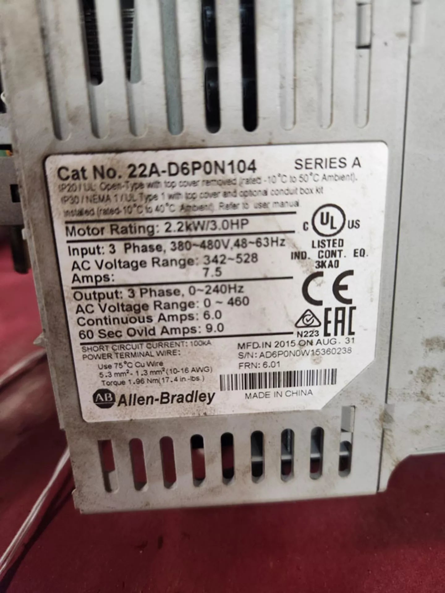 Allen-Bradley Variable Frequency Drive 22A-D6P0N104 480V 3-Phase