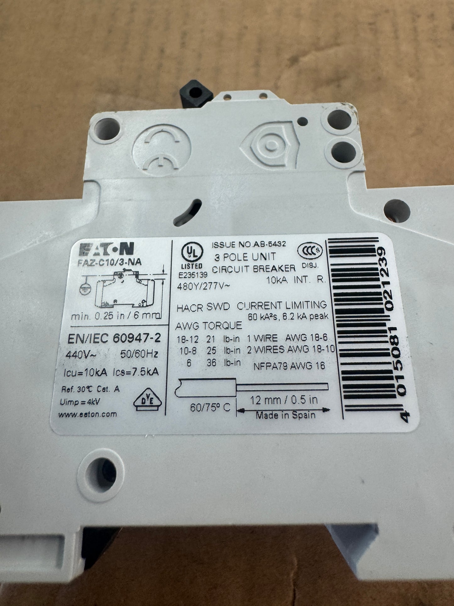 Eaton FAZ-C10/3-NA Circuit Breaker 480Y/277V Untested Surplus