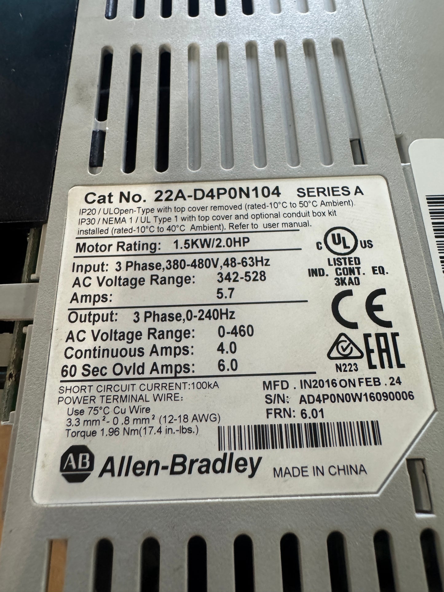 Allen-Bradley AC Drive VFD 22A-D4P0N104 - 2 HP Variable RPM