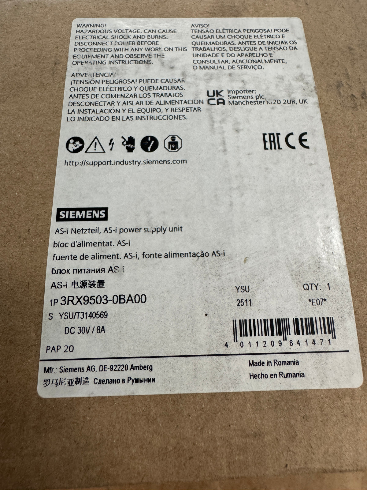 Siemens 3RX9503-0BA00 AS Interface Power Supply 30V DC, 8A Open Box Unused