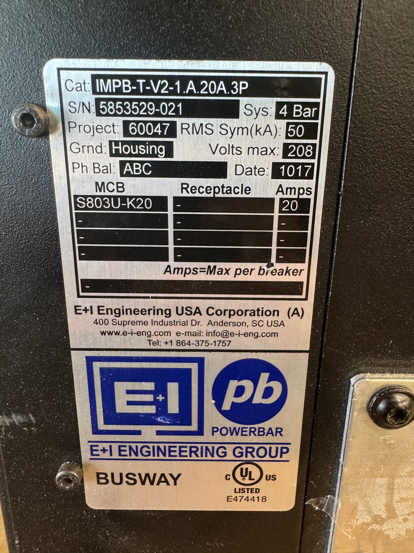 E+I Engineering IMPB-T-V2-1.A.20A.3P Busway Tap Off Unit 208V Untested Surplus