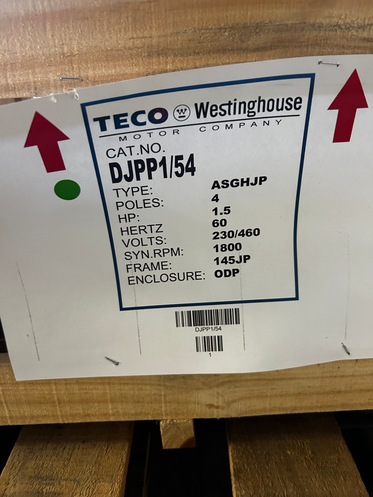 TECO Westinghouse AC Motor DJPP1/54 - 1 HP 1800 RPM
