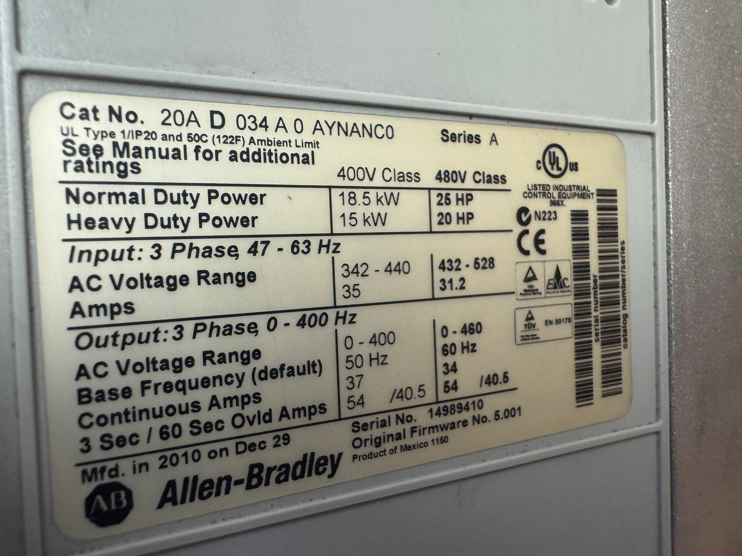 Allen-Bradley 20AD034A0AYNANC0 Variable Frequency Drive 480V AC 3-Phase 01541