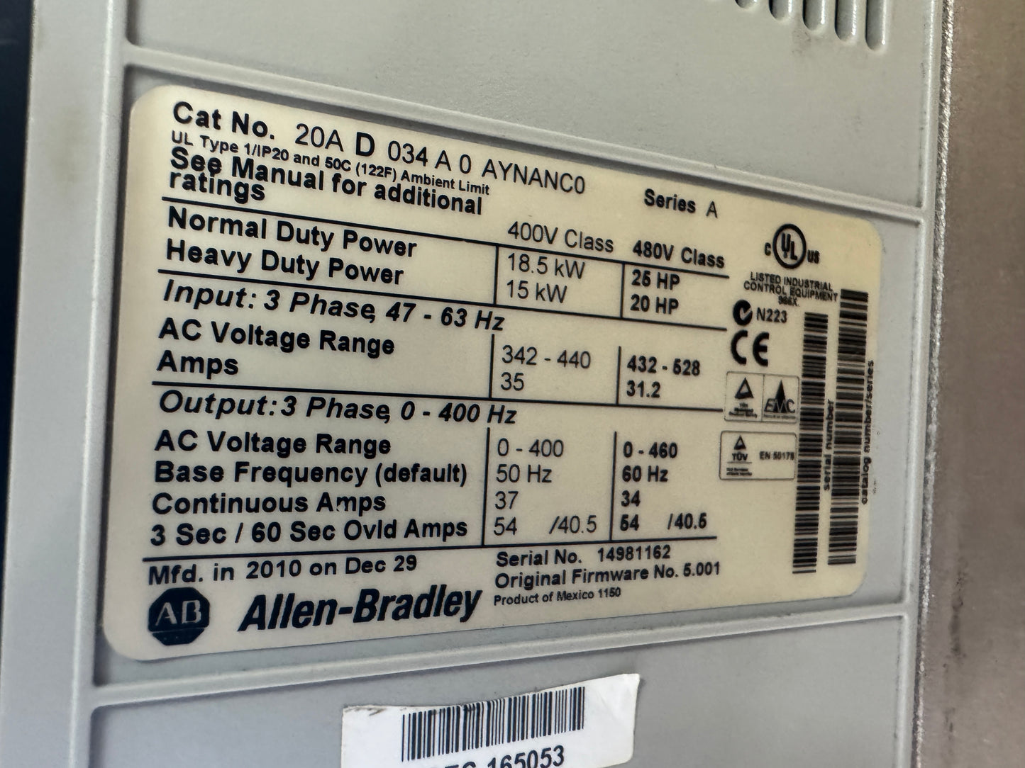 Allen-Bradley 20AD034A0AYNANC0 Variable Frequency Drive 480V AC 3-Phase 01542