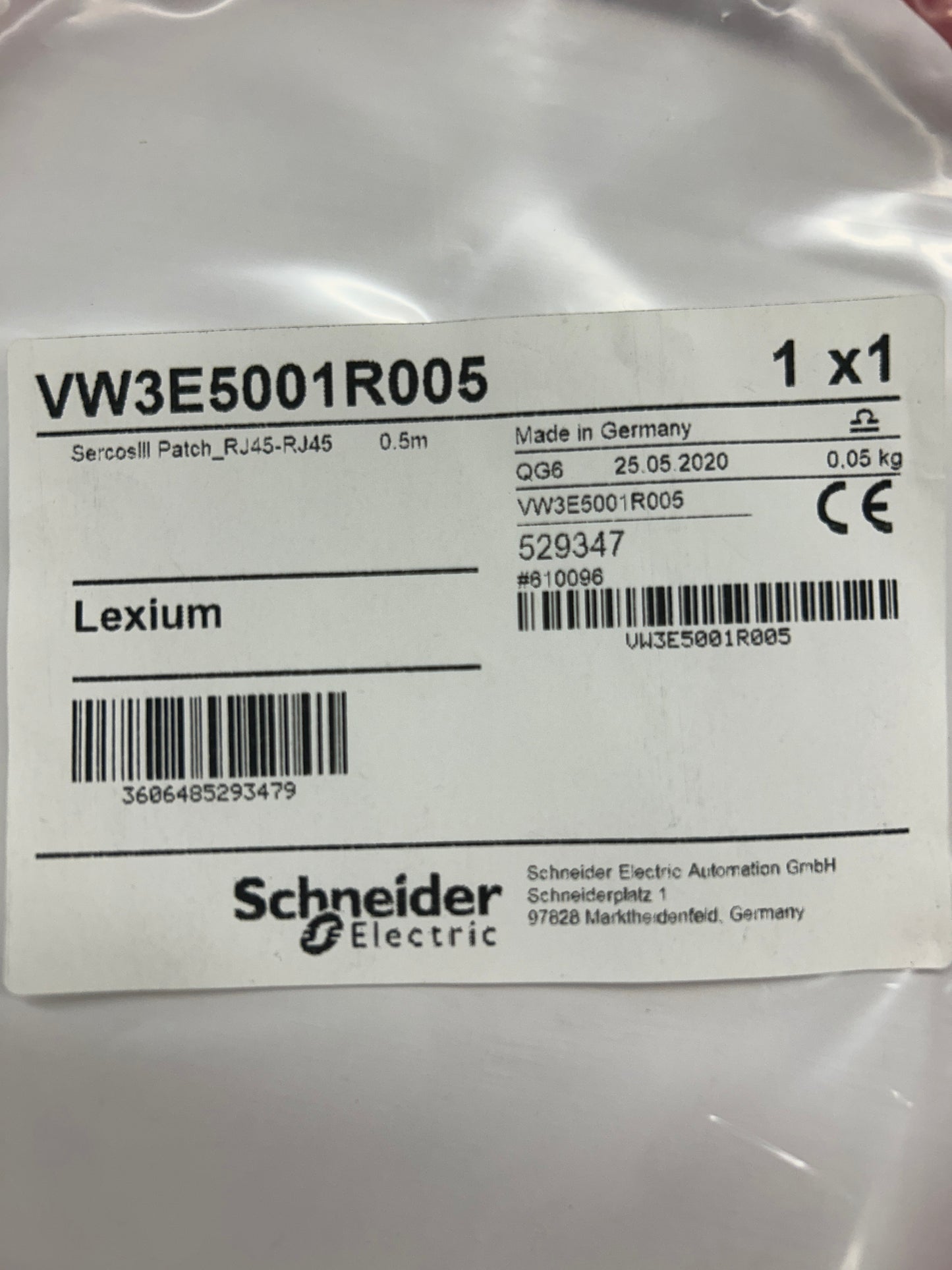 Schneider Electric Sercos III Patch Cables VW3E5001R005 0.5 m, RJ45 to RJ45