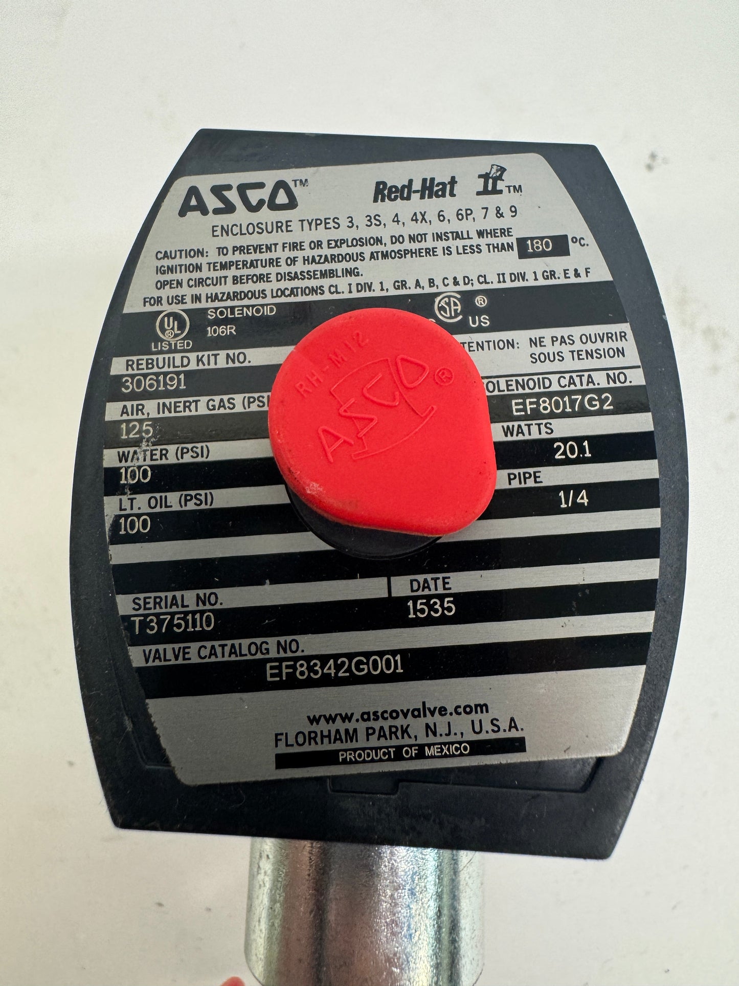 ASCO Solenoid Valve EF8342G001 1/4 in. NPT 125 PSI Air / Inert Gas, 100 PSI Water / Light Oil
