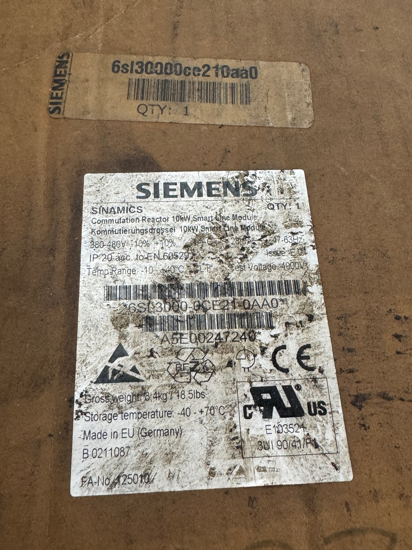 Siemens 6SL3000-0CE21-0AA0 Line Reactor Smart Line Module 380 to 480 VAC Untested Surplus