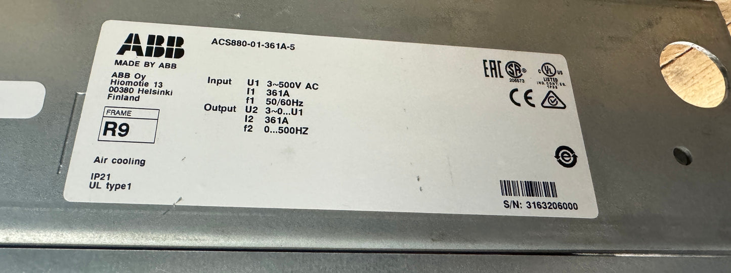 ABB VFD Drive ACS880-01-361A-5 - 200 HP Variable RPM