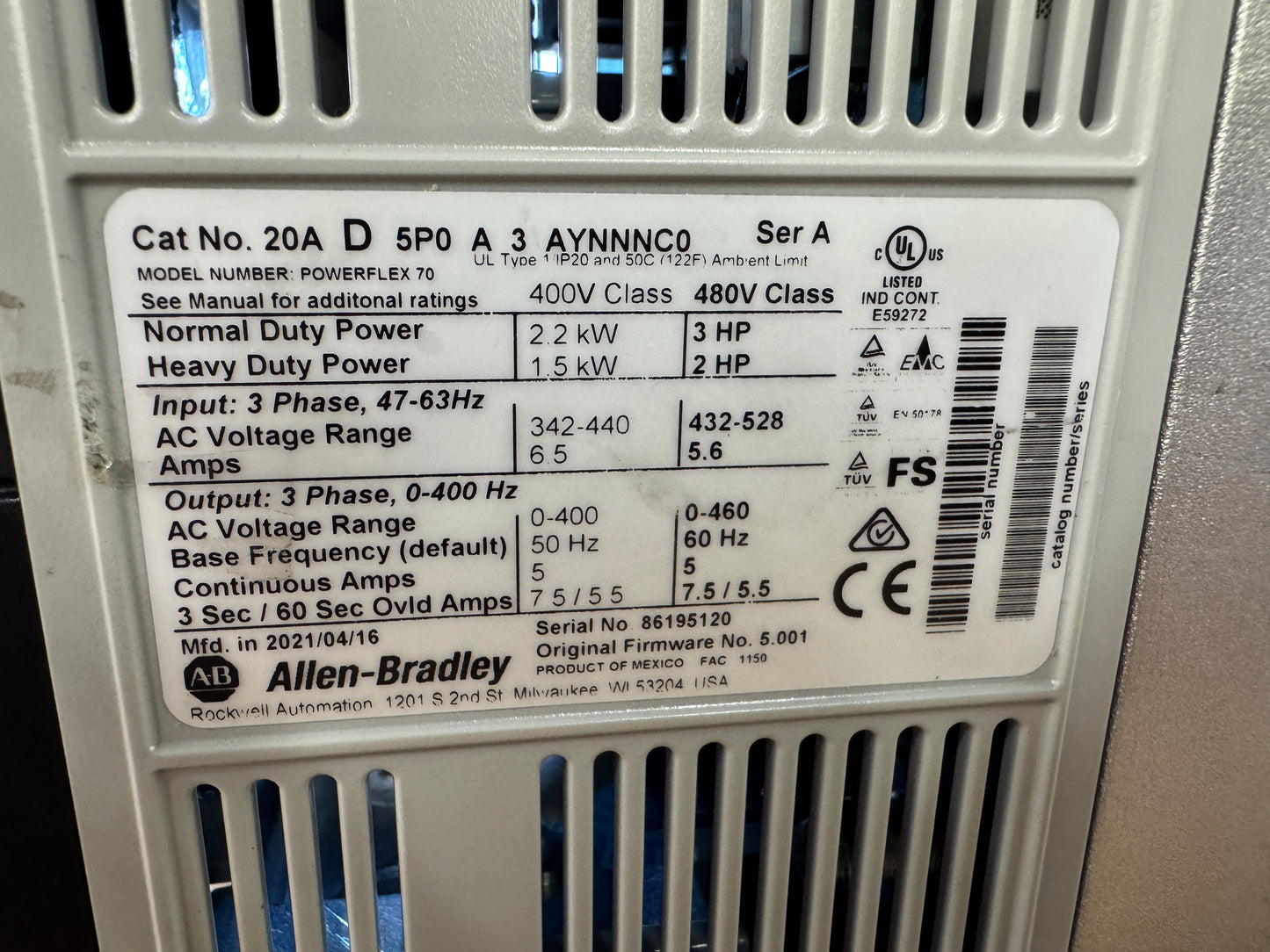 Allen-Bradley 20AD5P0A3AYNNNC0 Variable Frequency Drive 480V 3-Phase