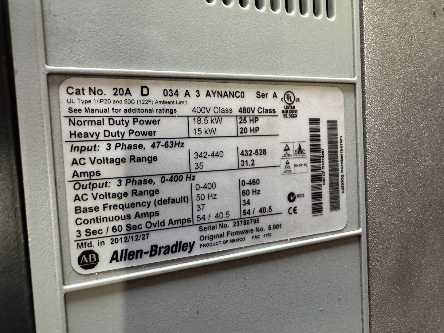 Allen-Bradley 20AD034A3AYNANC0 PowerFlex 70 AC Drive 480V AC 3-Phase 01564
