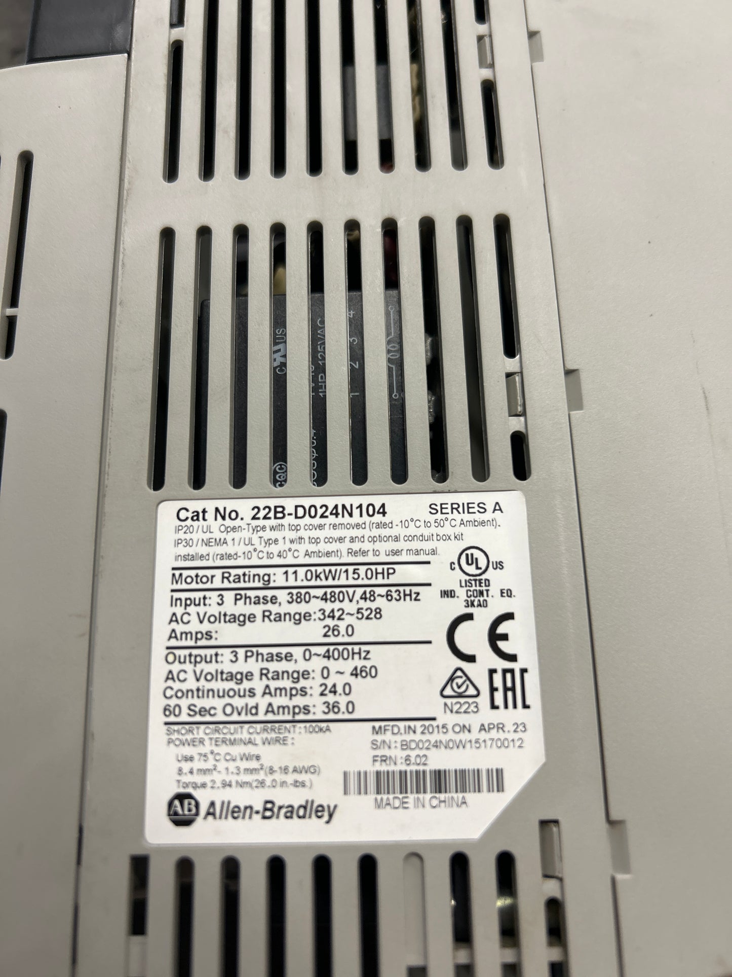 Allen-Bradley Variable Frequency Drive 22B-D024N104 Series A 480V 3-Phase Unit A
