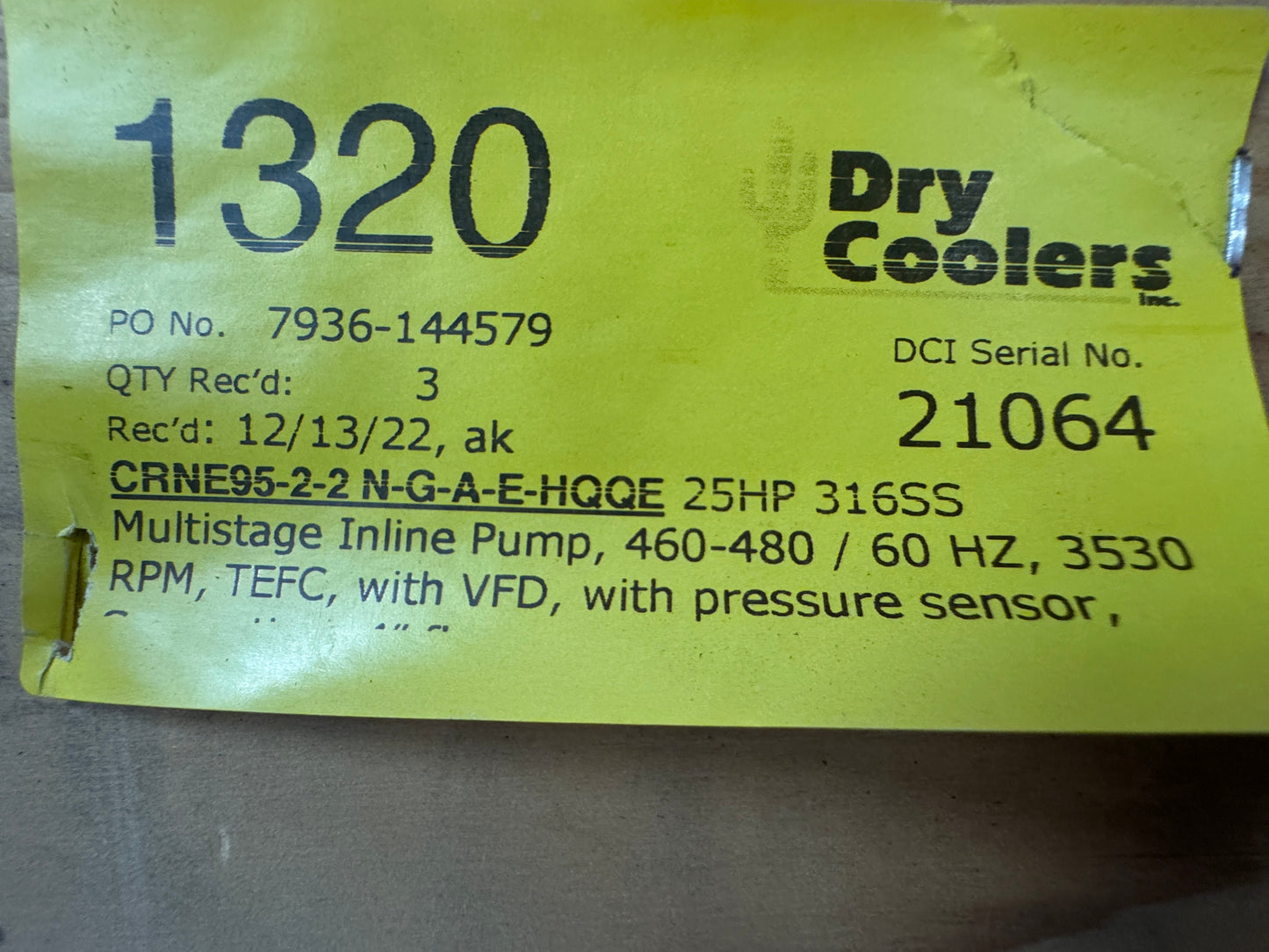 Grundfos CRNE95-2-2 N-G-A-E-HQQE Multistage Inline Pump 460-480V Untested Surplus