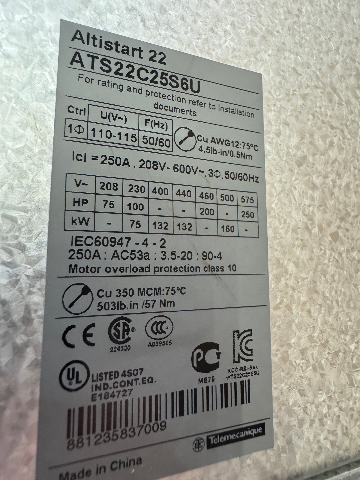 Schneider Electric ATS22C25S6U Soft Starter Untested Surplus