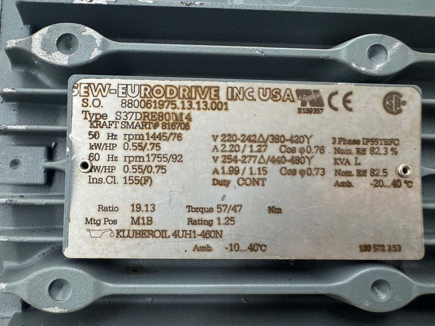 SEW-Eurodrive Helical-Worm Gearmotor S37DRE80M4 - 1 HP 1800 RPM m00877