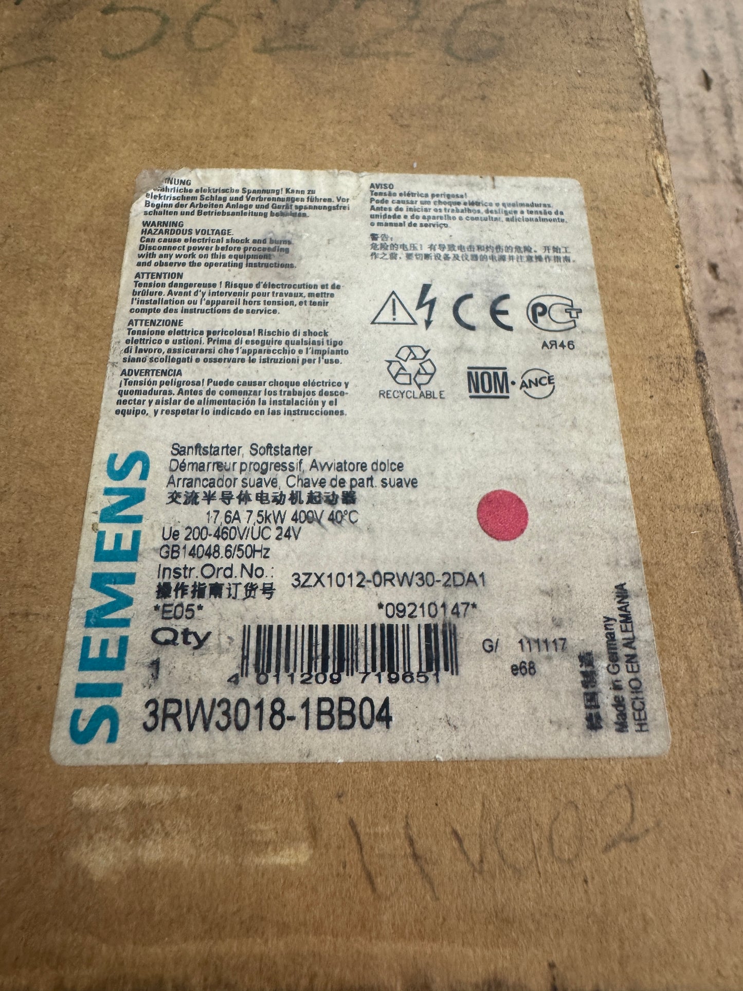 Siemens 3RW3018-1BB04 Soft Starter 200 to 480V Untested Surplus