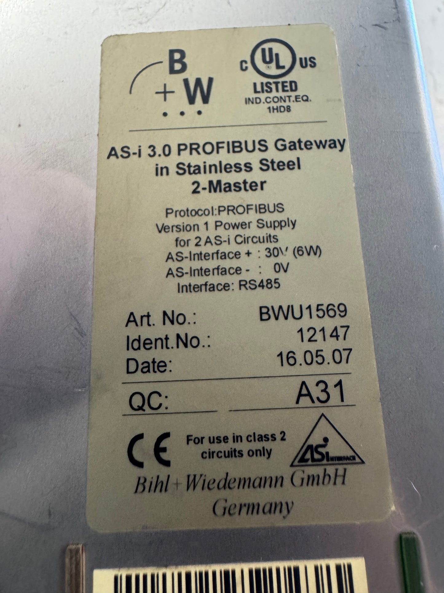 Bihl+Wiedemann AS-i PROFIBUS Gateway BWU1569 30V AS-i
