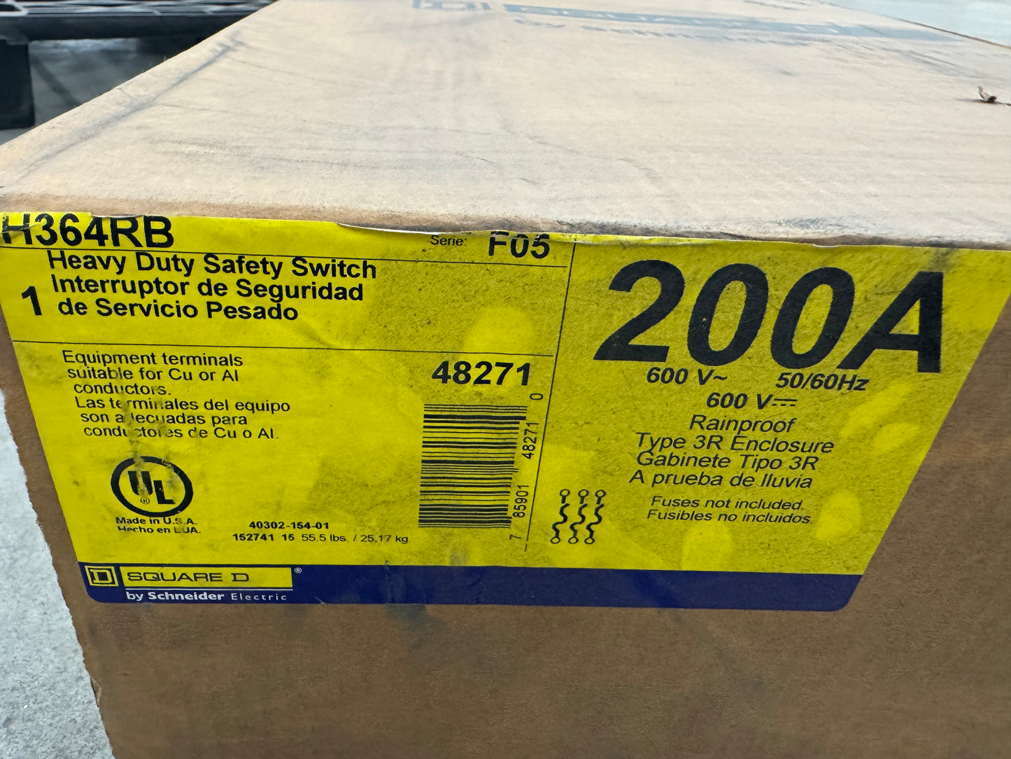 Square D Heavy Duty Safety Switch H364RB 600V AC/DC