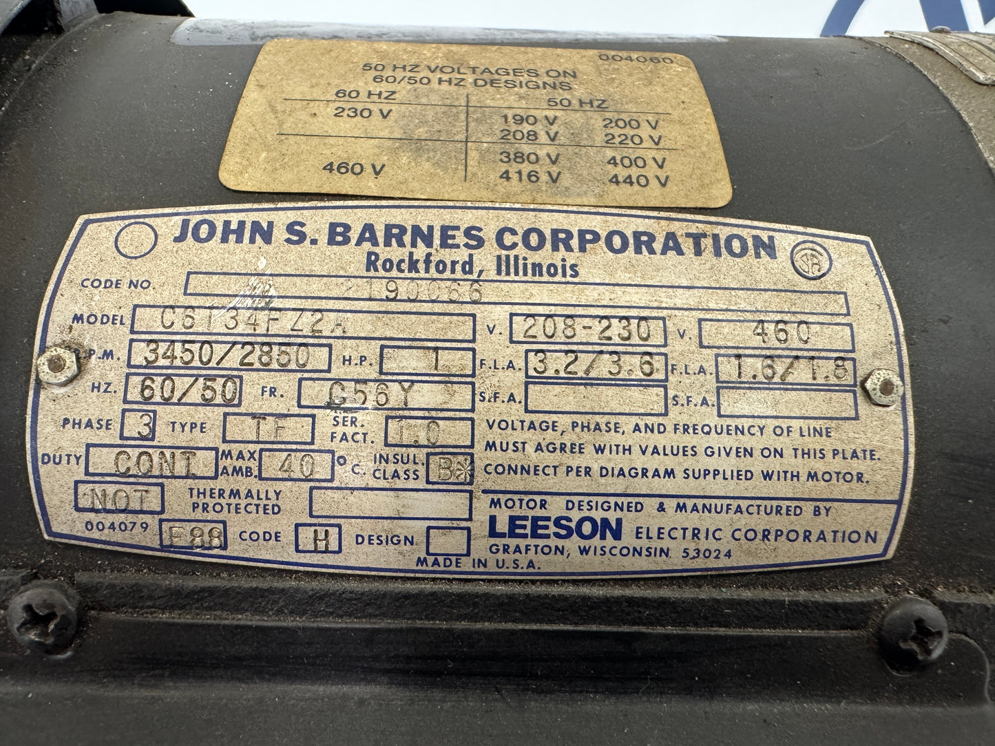 John S. Barnes Corporation (Leeson Electric Corporation) AC Motor C6134FZ2A - 1 HP 3450 RPM