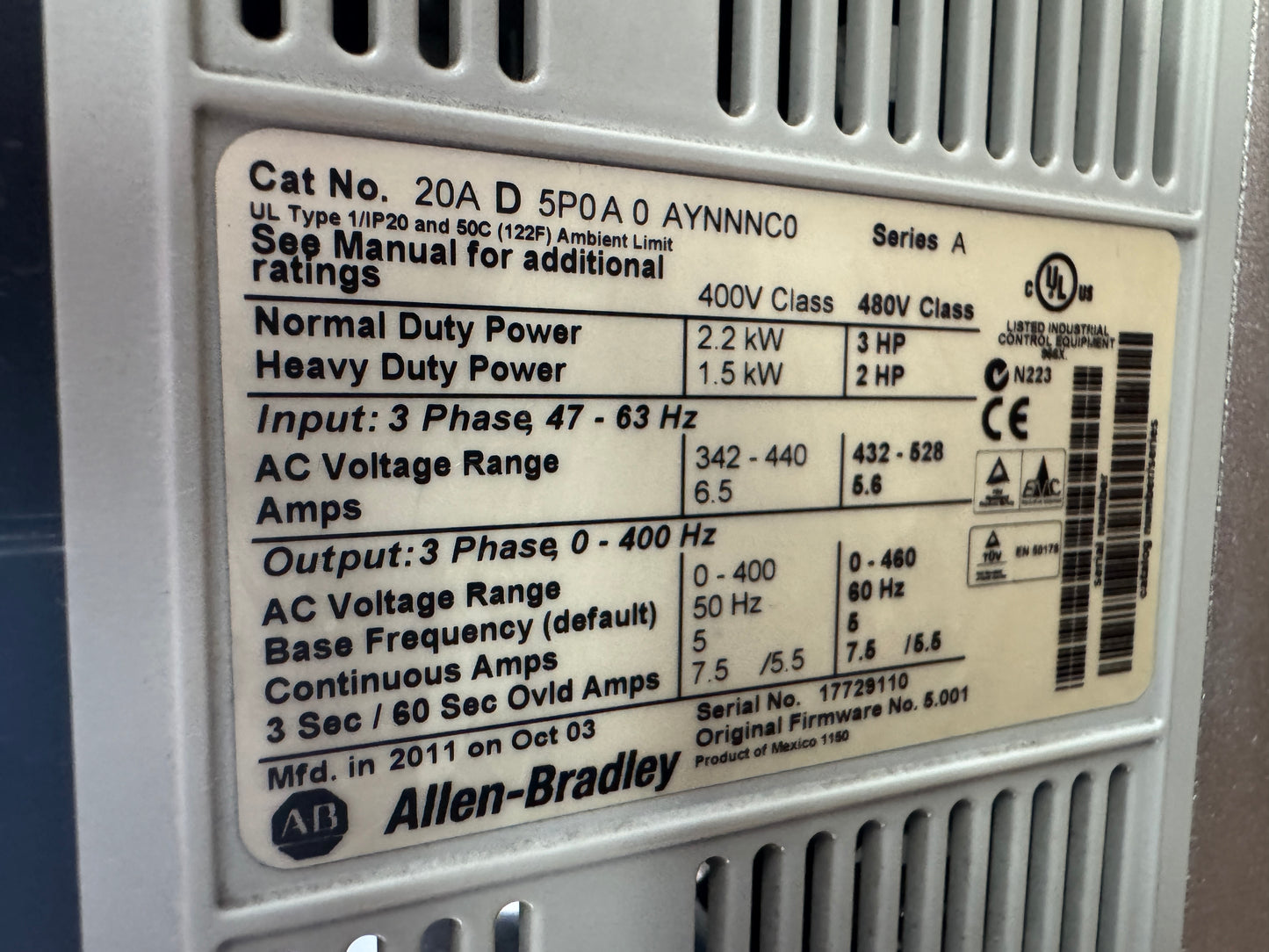 Allen-Bradley 20AD5P0A0AYNNNC0 Variable Frequency Drive 480V AC 3-Phase Untested Surplus 01431