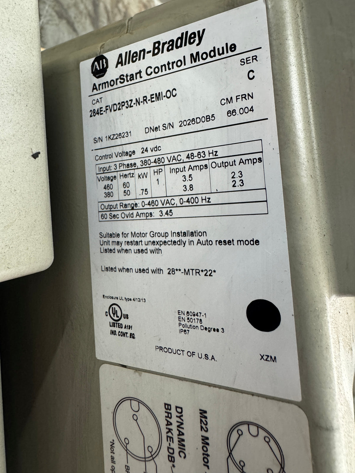 Allen-Bradley 284E-FVD2P3Z-N-R-EMI-OC ArmorStart Distributed Motor Controller 380 to 480V AC
