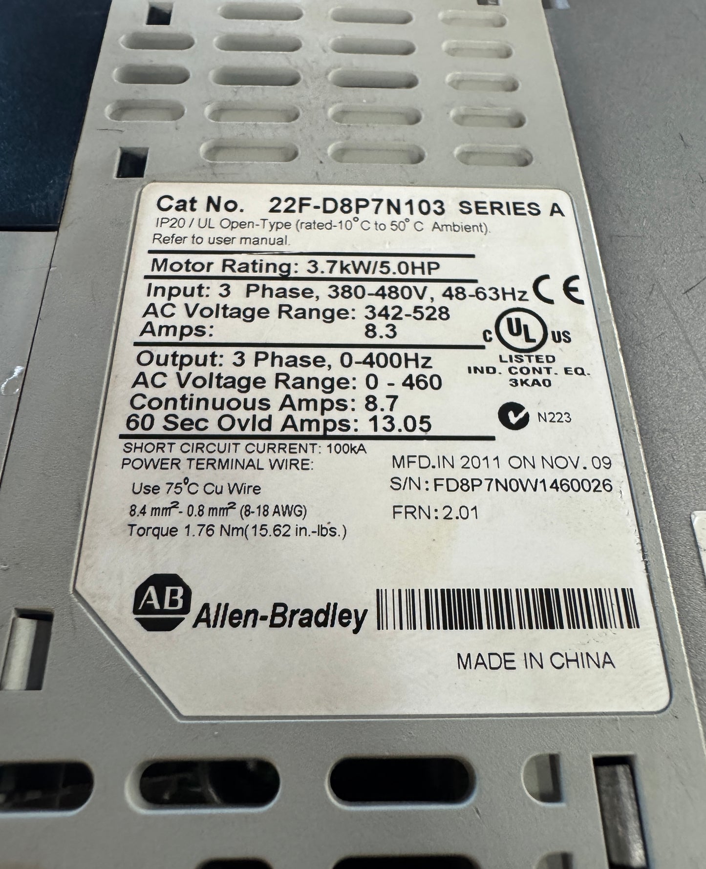 Allen-Bradley AC Drive 22F-D8P7N103 - 5 HP Variable RPM