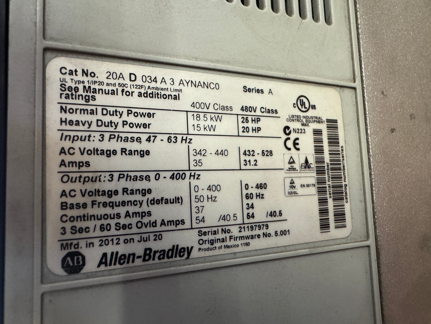 Allen-Bradley 20AD034A3AYNANC0 Variable Frequency Drive 480V AC, 3-Phase 01600