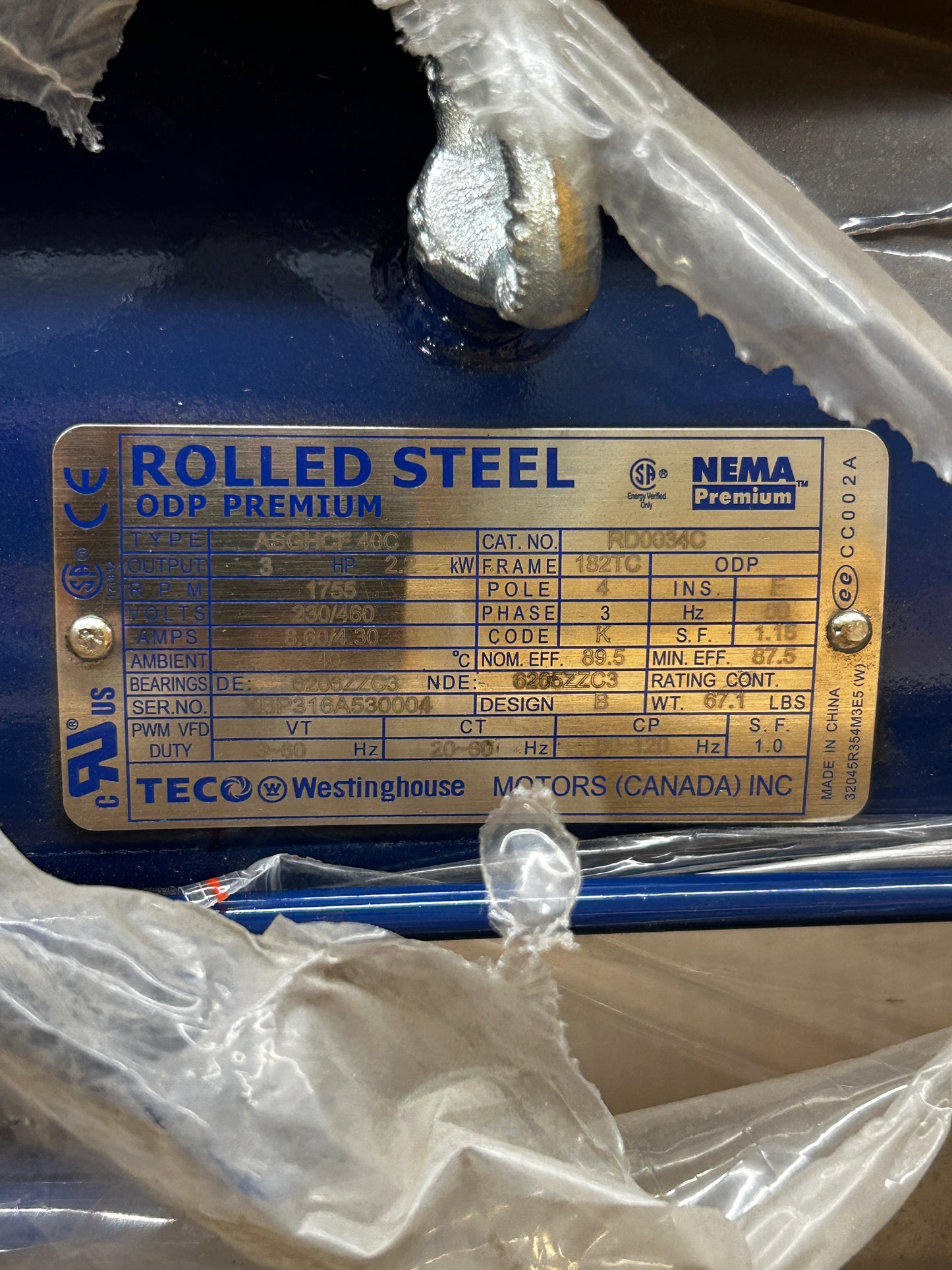 TECO Westinghouse AC Motor RD0034C - 3 HP 1800 RPM
