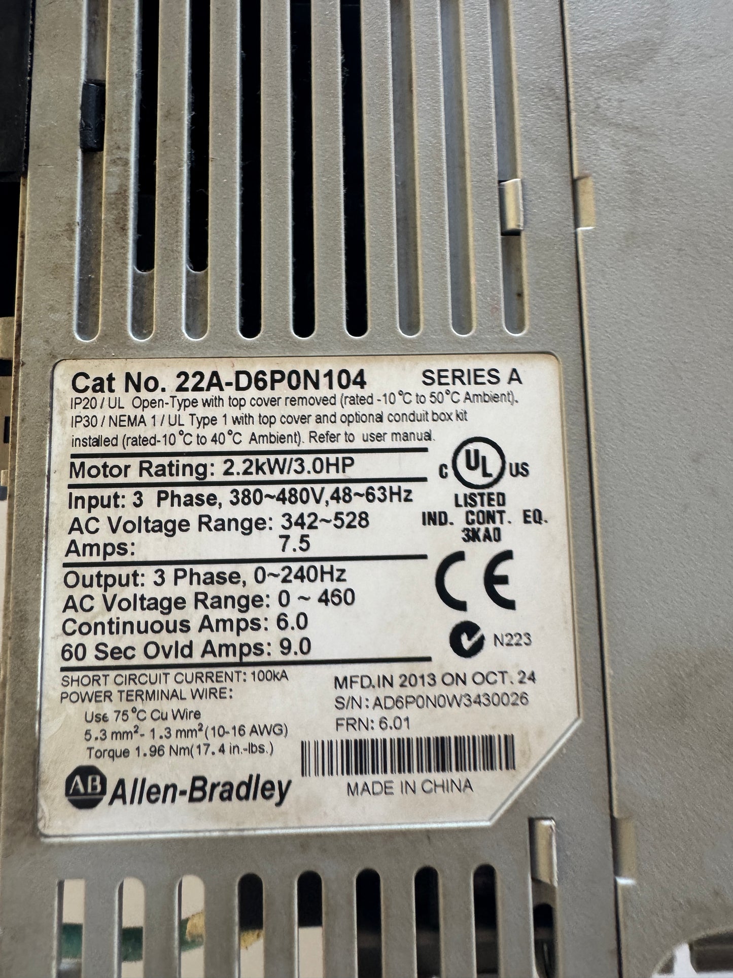 Allen-Bradley Variable Frequency Drive 22A-D6P0N104 480V 3-Phase m02077