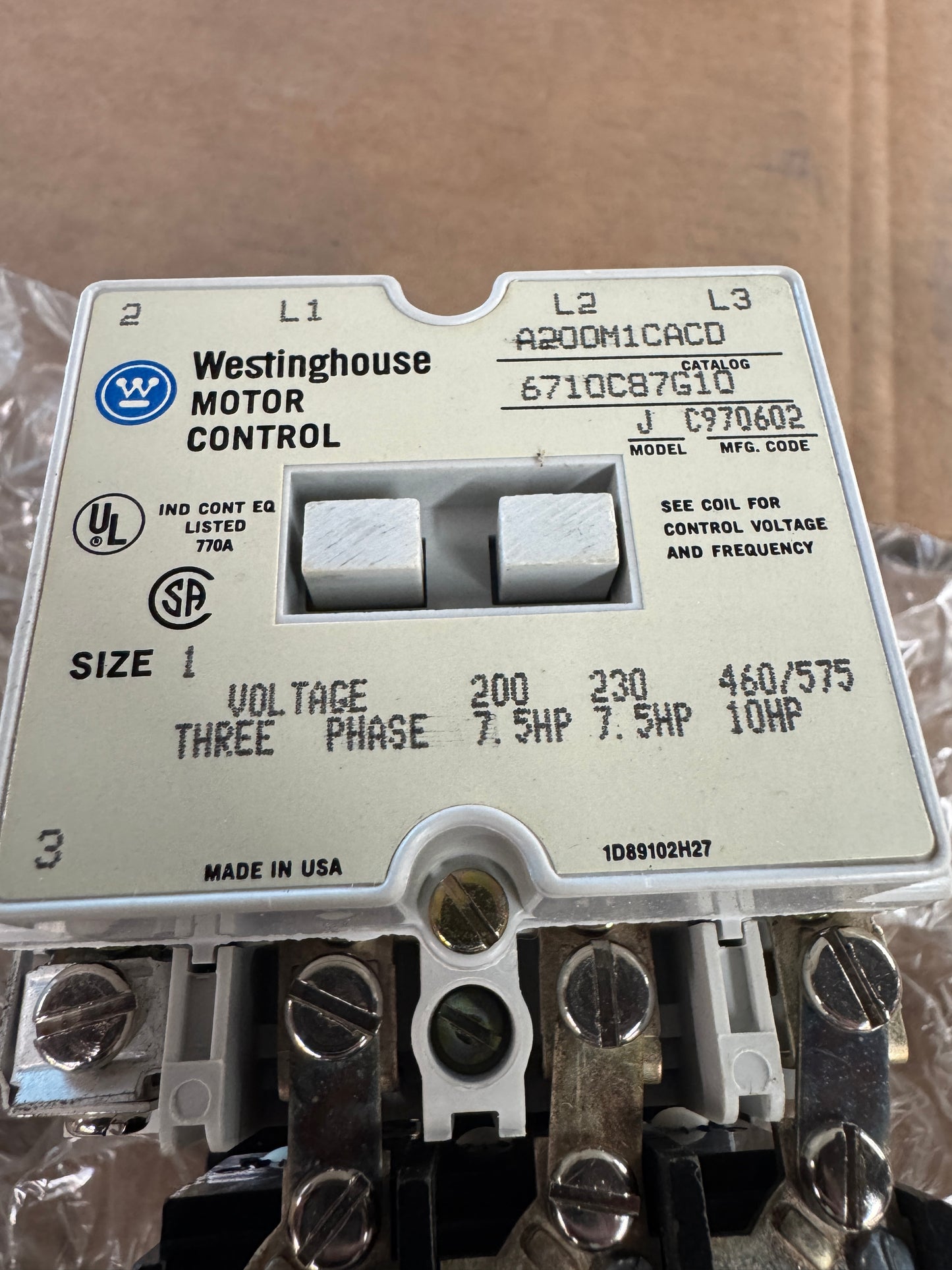 Westinghouse Motor Starter A200M1CACD / 6710C87G10 600V Max, 3 Phase